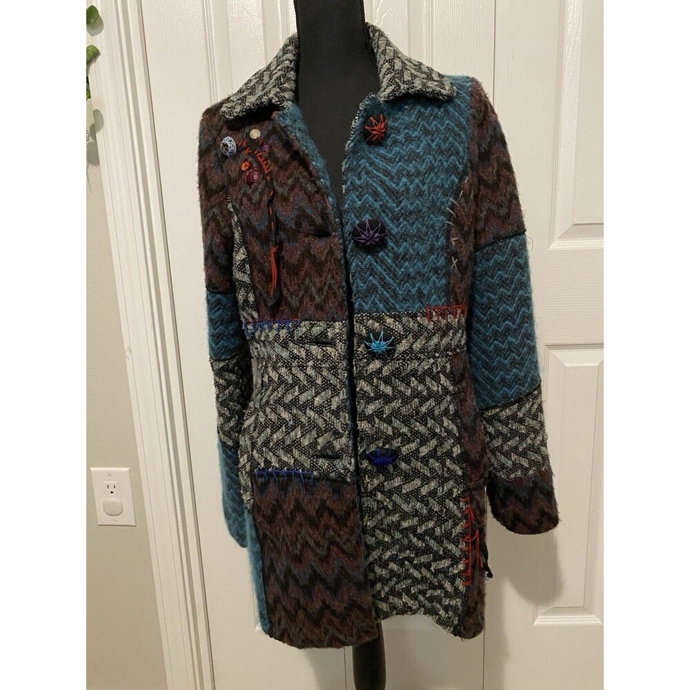Vtg Petal Bay Collection Wool Blend Women's Color Block Art Patchwork Coat L